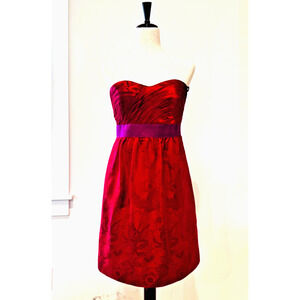 Phoebe Couture Sz 6 100% Silk Jacquard Ruched Shift Dress Strapless Red